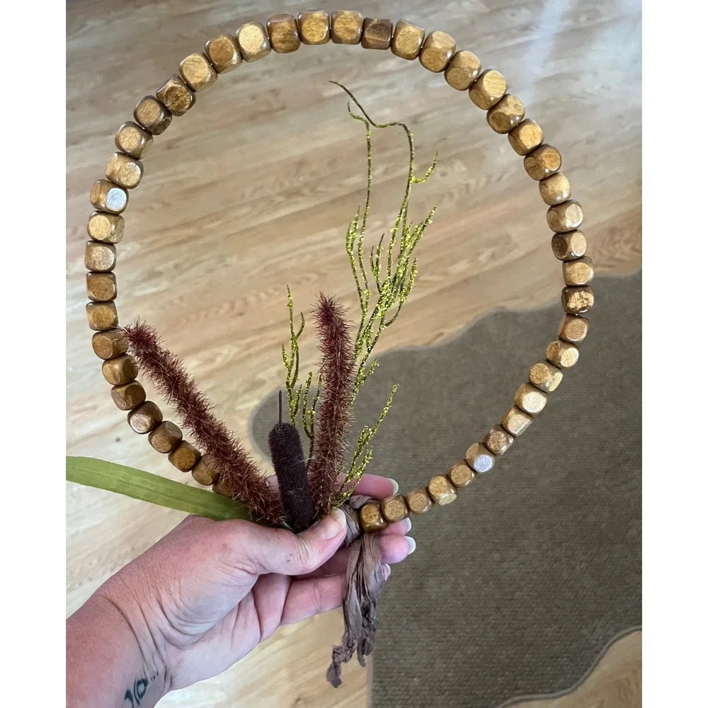 Set of 4 Boho Beaded Hoop Wreaths Gold and Natural Wood Faux Botanical Decor